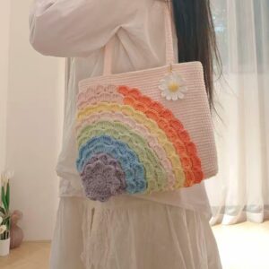 Rainbow Daisy Knit Tote Bag - Handmade-Style Colorful Shoulder Bag