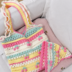 Pastel cherry crochet tote bag and triangle headscarf handmade gift set