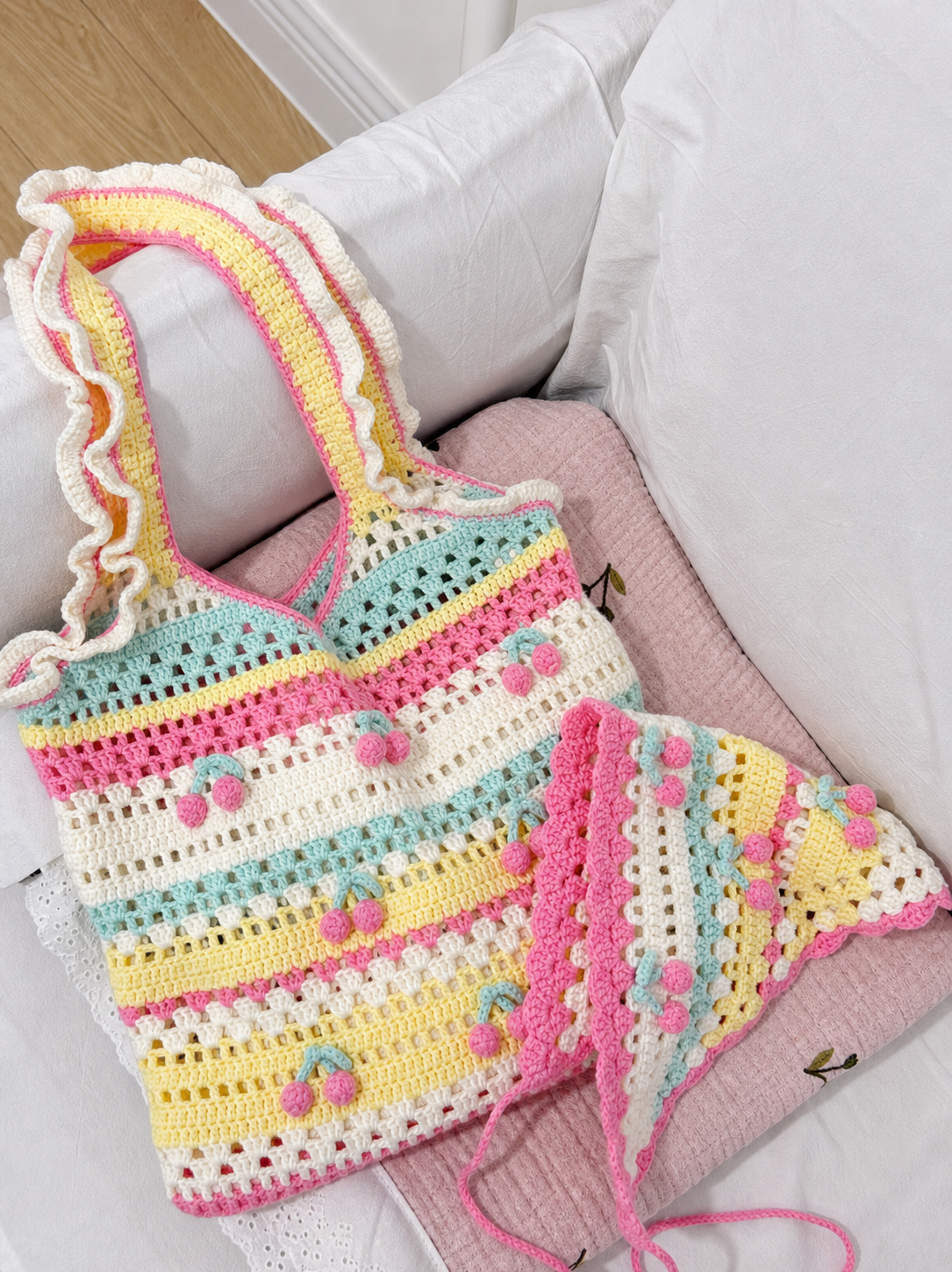 Pastel cherry crochet tote bag and triangle headscarf handmade gift set