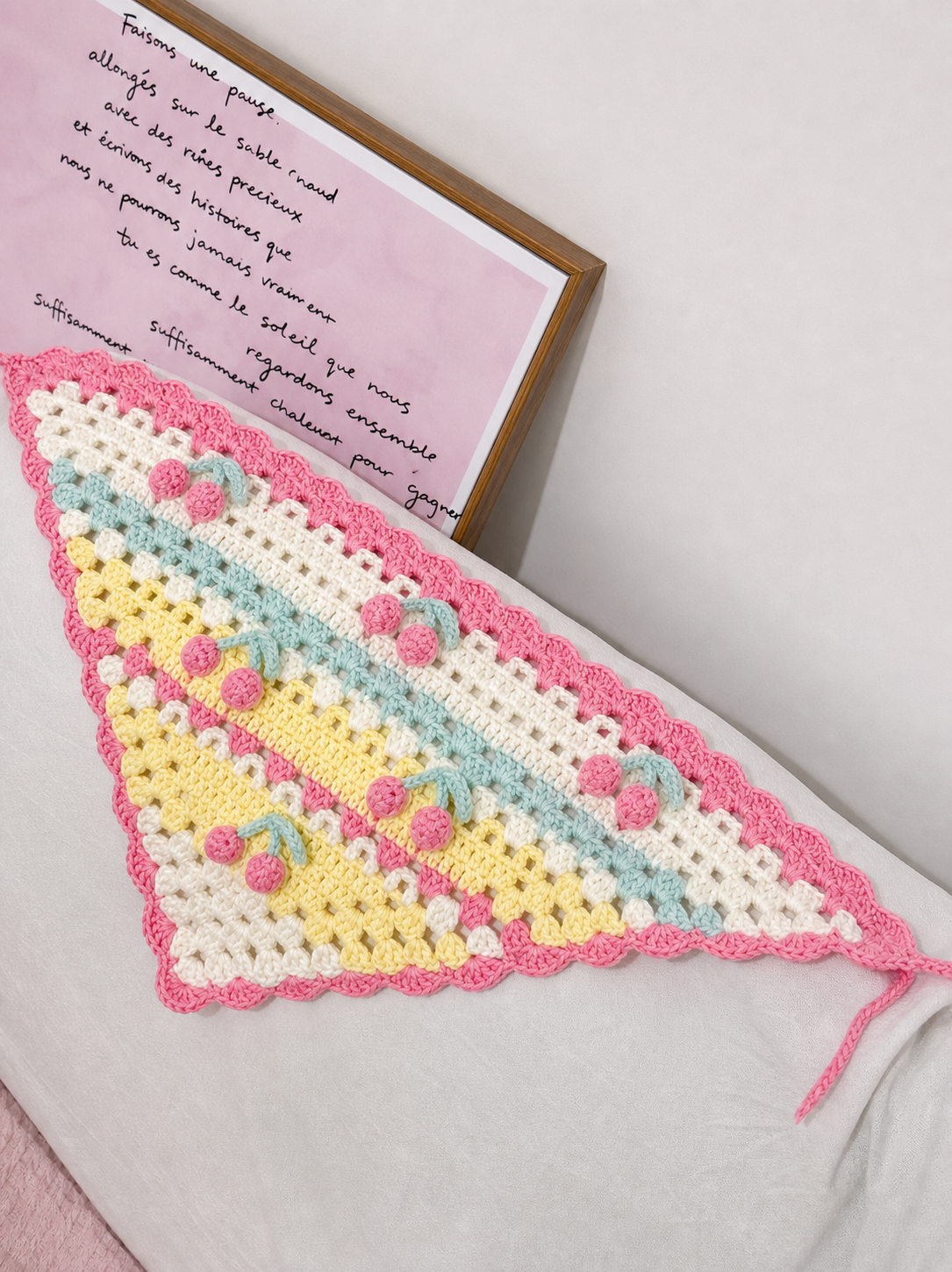 Pastel cherry triangle headscarf crochet accessory handmade with soft yarn