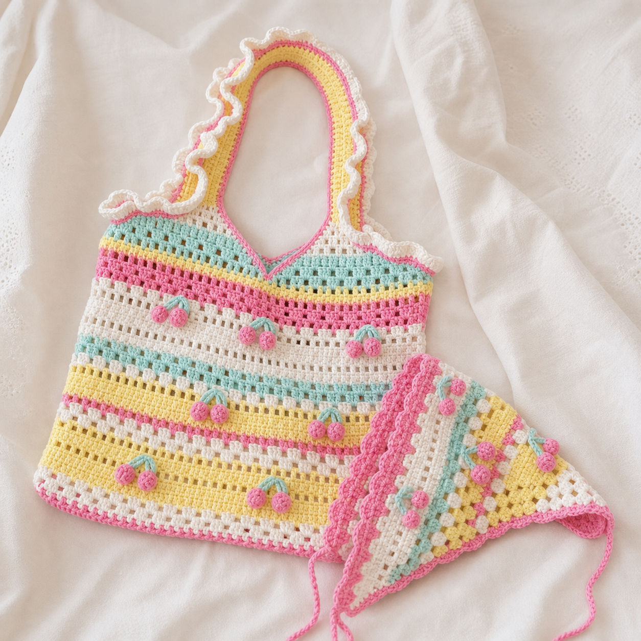 Pastel cherry crochet tote and headscarf set styled in a handmade studio