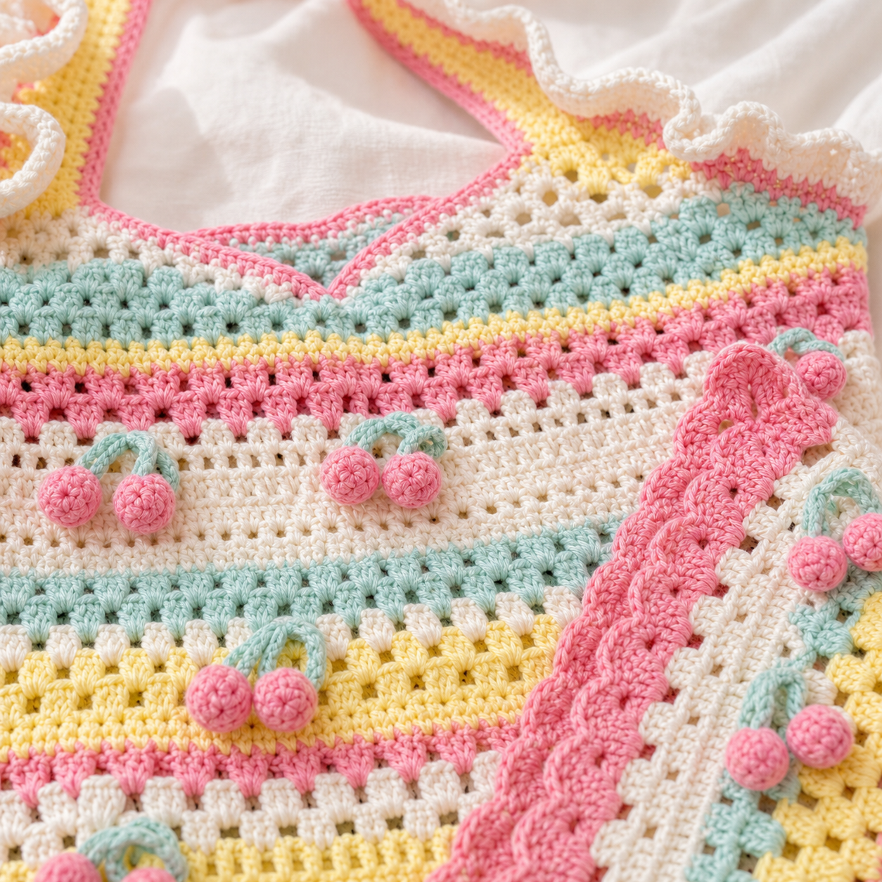 Close up of pastel cherry crochet texture and soft yarn stitches