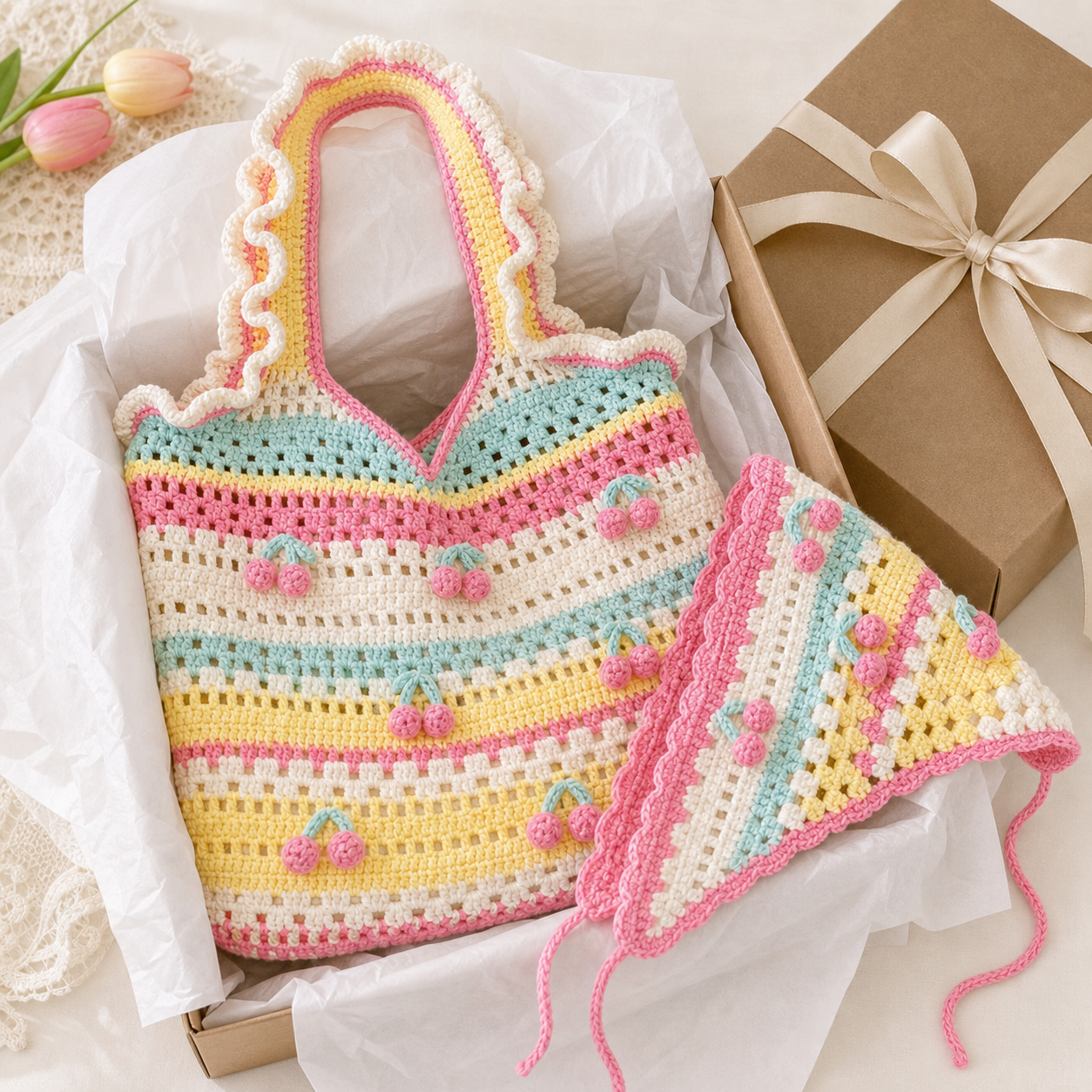 Pastel cherry crochet bag and headscarf gift set ready for handmade gifting