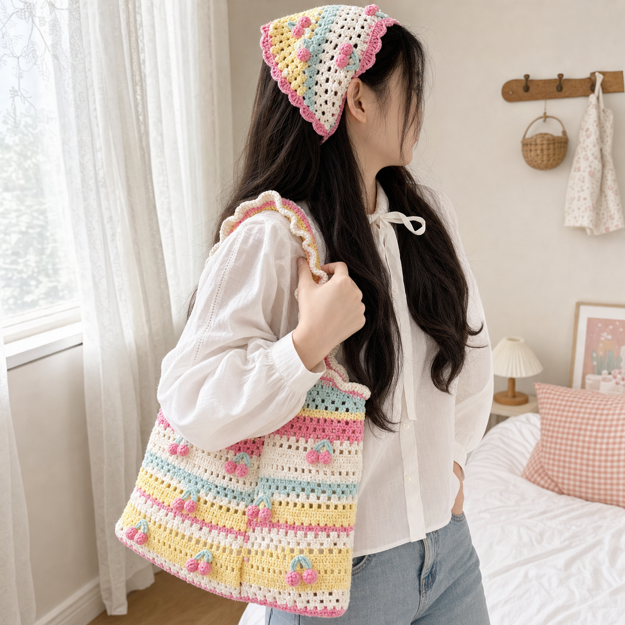 Pastel cherry crochet tote bag styled with casual summer outfit