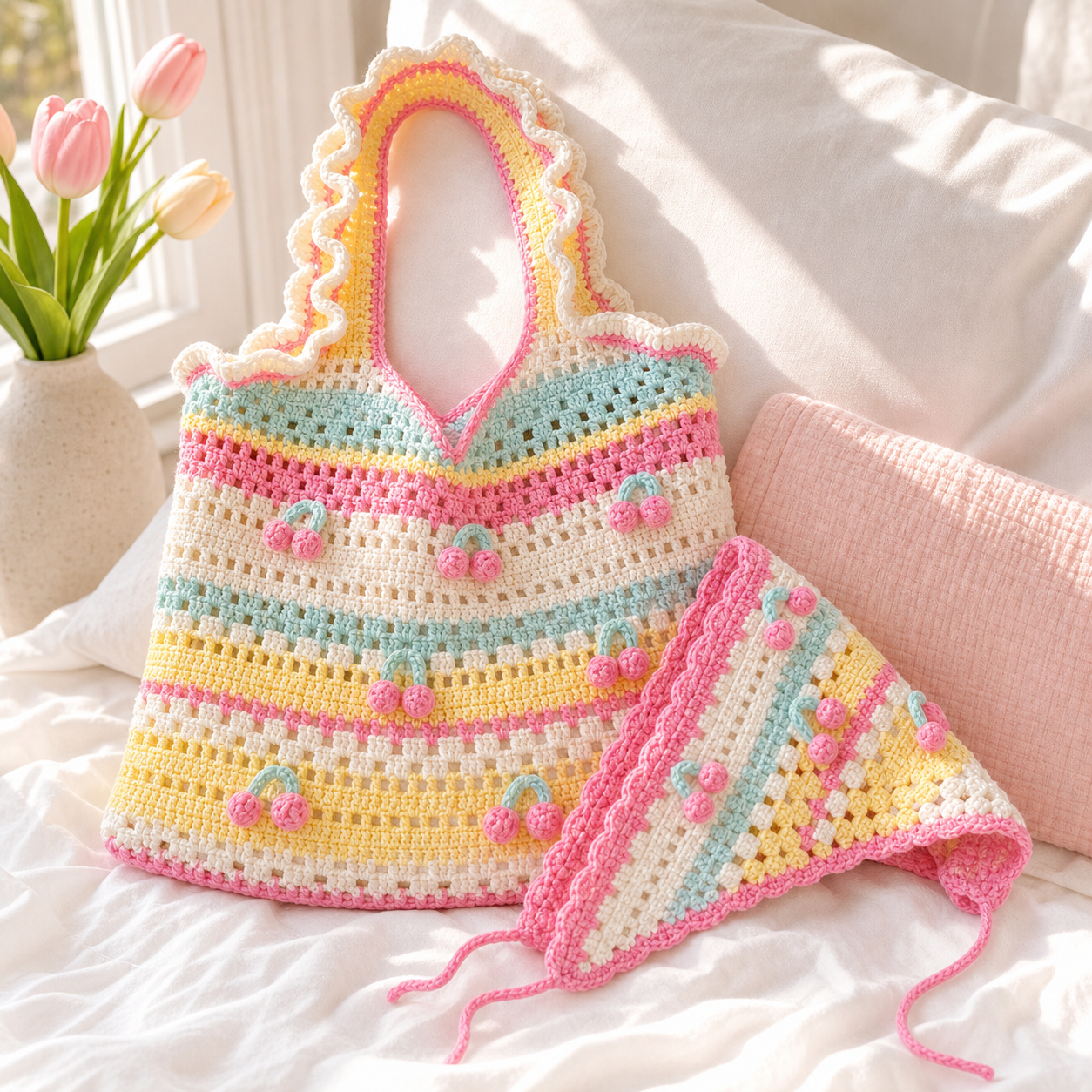 Pastel cherry crochet tote and headscarf promotional still life