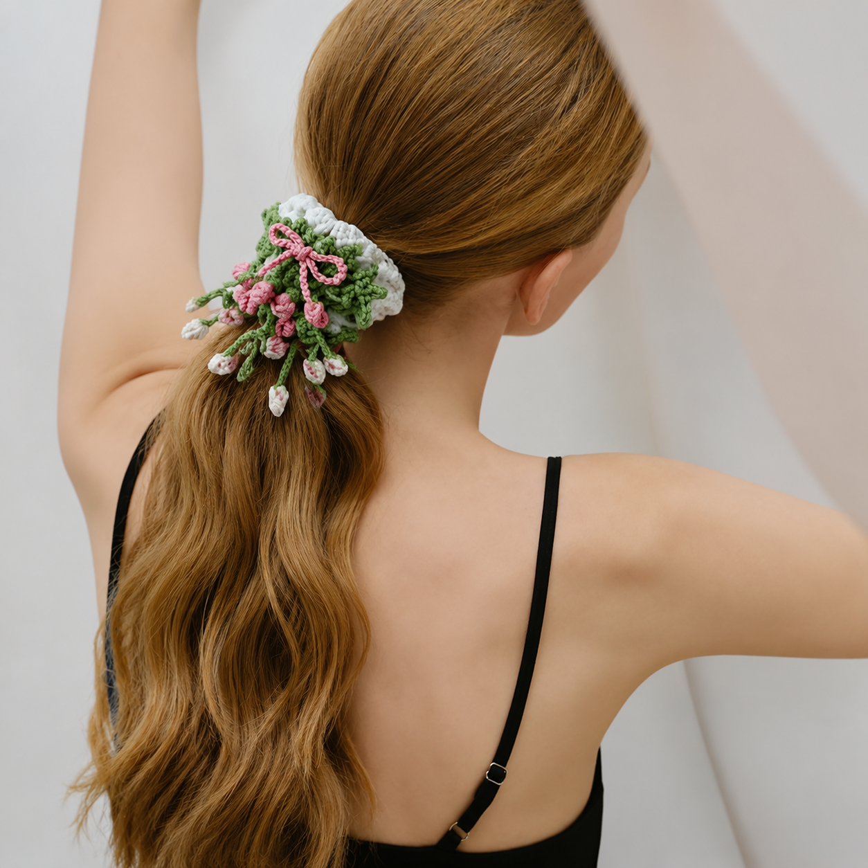 Handmade Square Crochet Hair Scrunchie - Floral Soft Yarn Hair Tie
