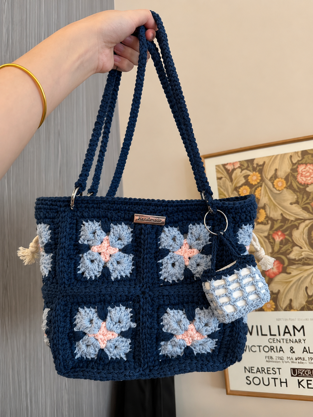 Handmade Navy Blue Floral Crochet Tote Bag - Everyday Knit Shoulder Bag