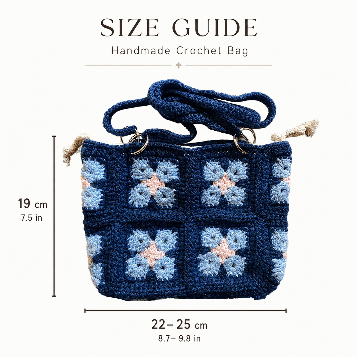 Handmade Navy Blue Floral Crochet Tote Bag - Everyday Knit Shoulder Bag - Image 2