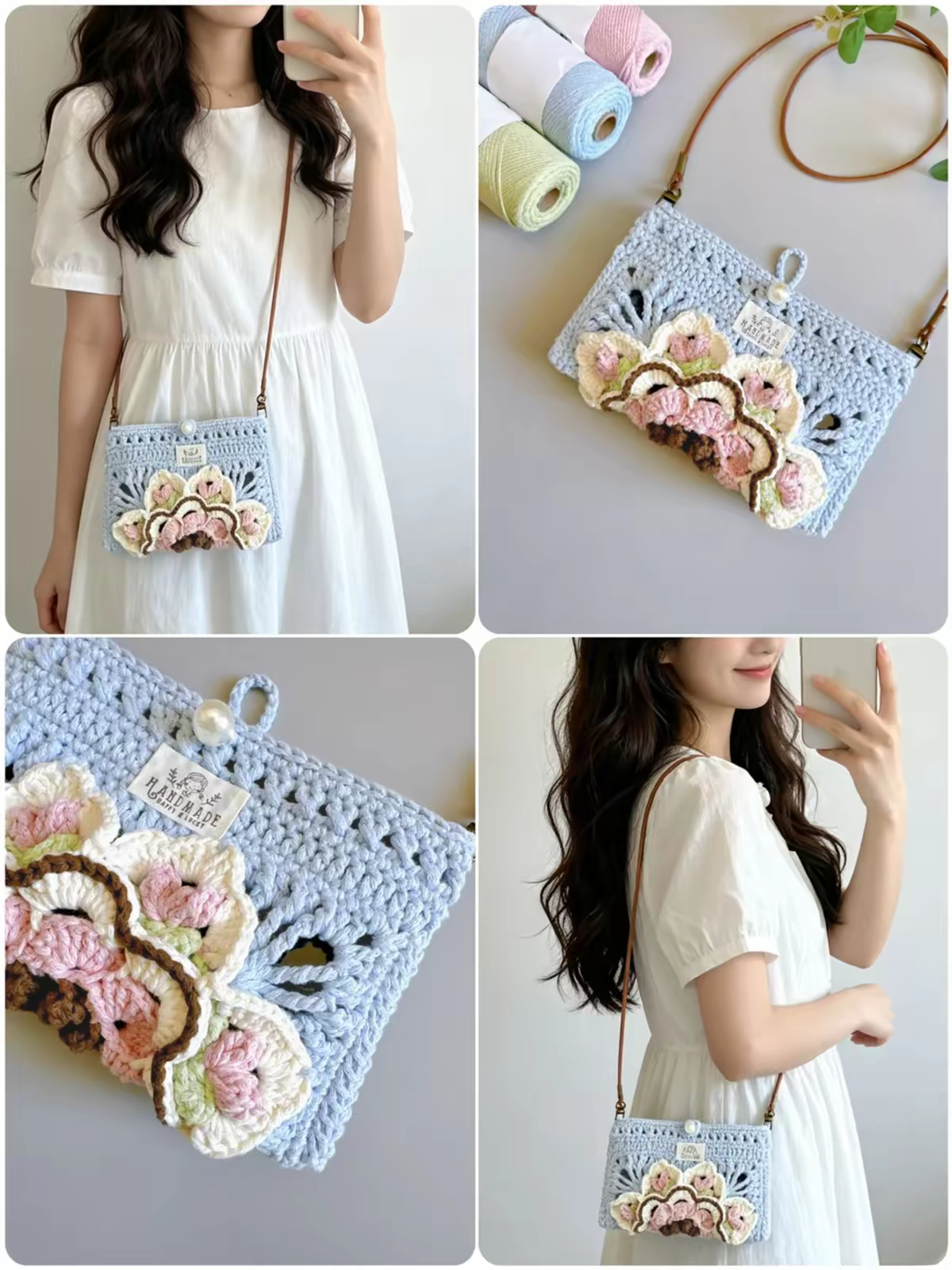 Handmade Floral Crochet Crossbody Bag - Soft Knit Shoulder Bag
