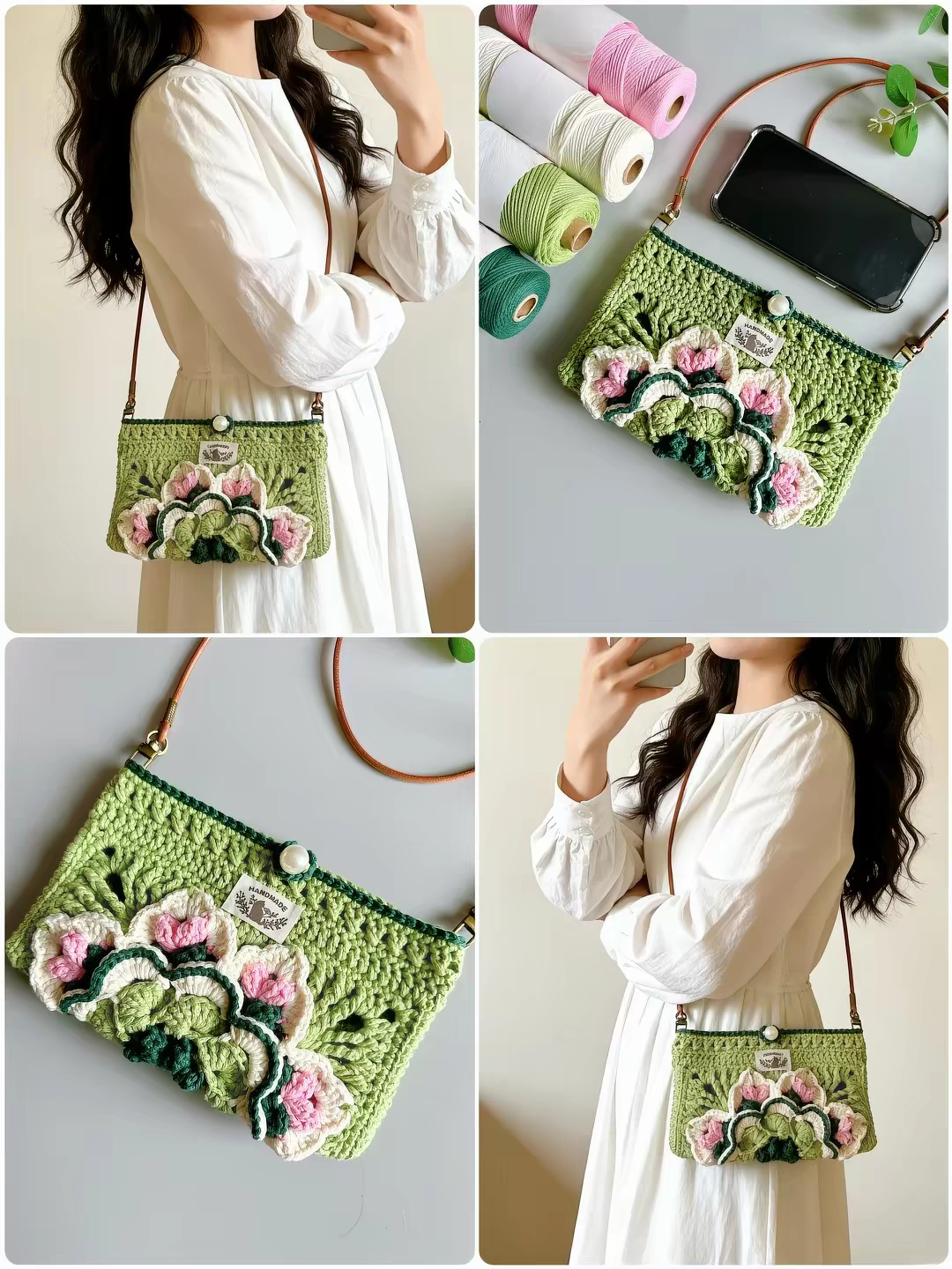 Handmade Floral Crochet Crossbody Bag - Soft Knit Shoulder Bag - Image 2