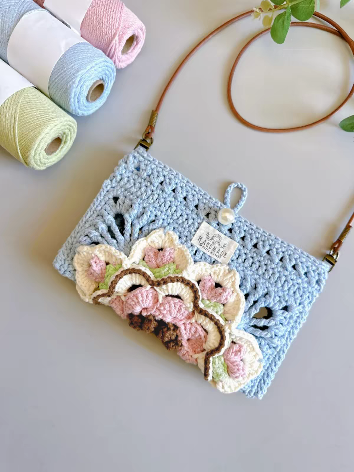Handmade Floral Crochet Crossbody Bag - Soft Knit Shoulder Bag - Image 3