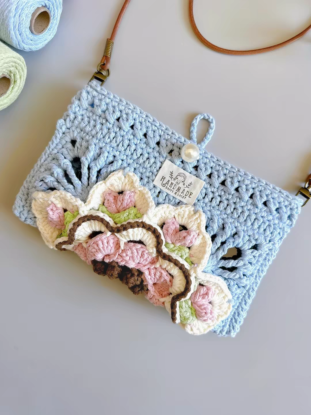 Handmade Floral Crochet Crossbody Bag - Soft Knit Shoulder Bag - Image 4
