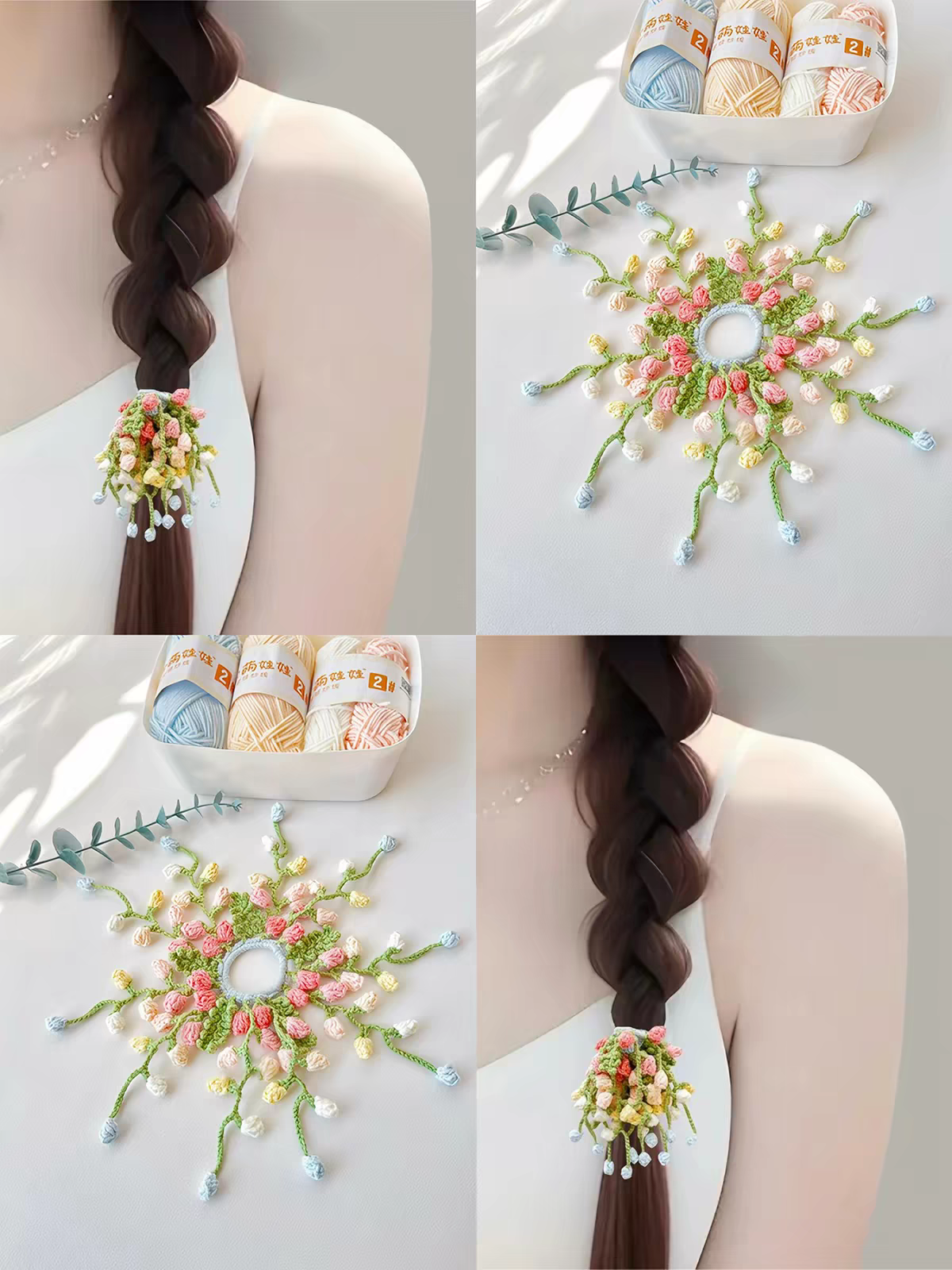 Handmade Floral Crochet Hair Scrunchie - Soft Yarn Flower Hair Tie - Image 6