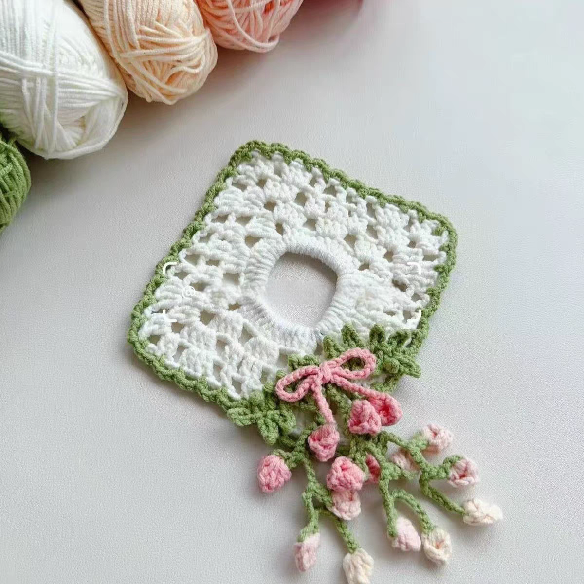 Handmade Square Crochet Hair Scrunchie - Floral Soft Yarn Hair Tie - Image 7