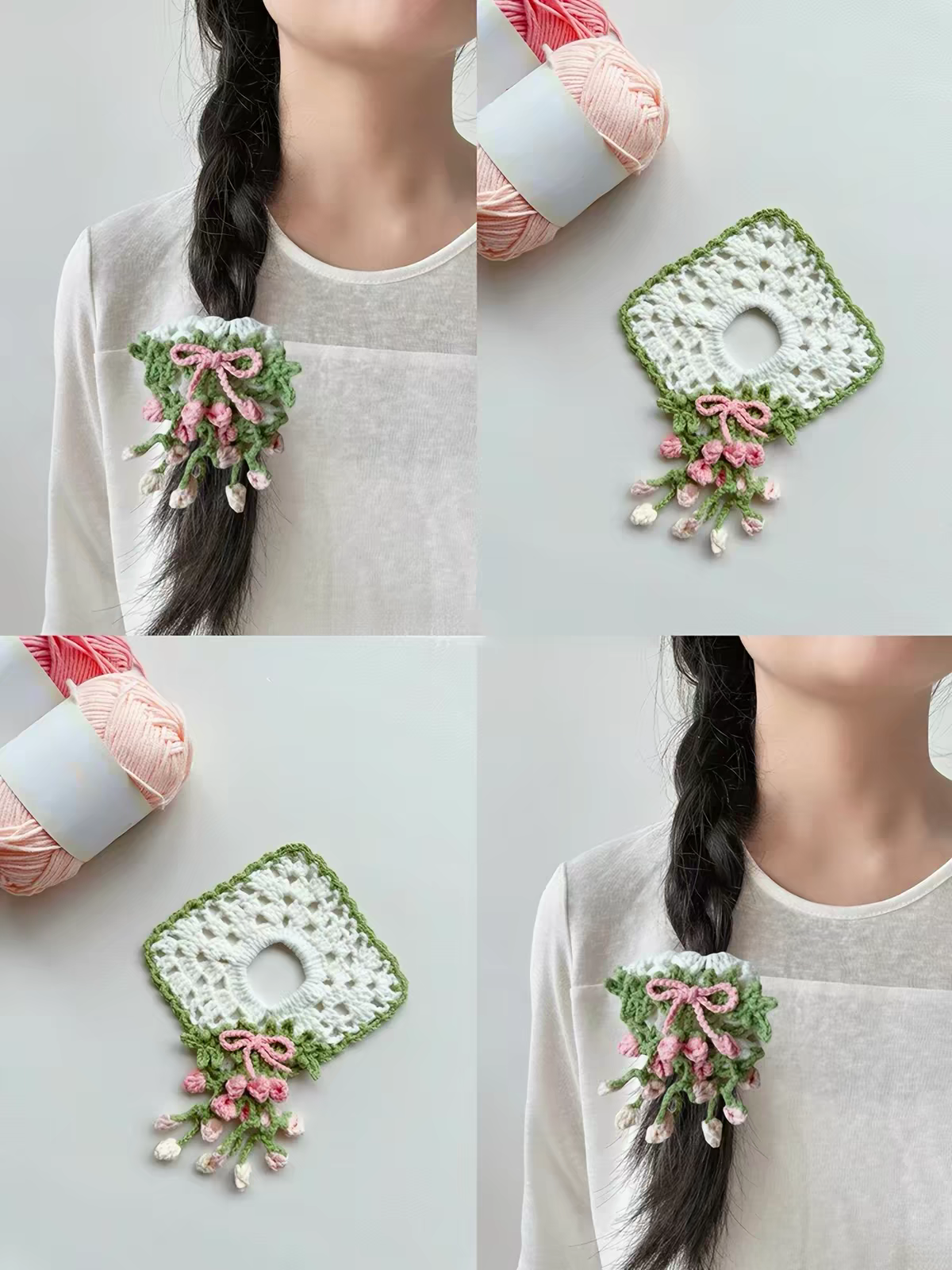 Handmade Square Crochet Hair Scrunchie - Floral Soft Yarn Hair Tie - Image 8
