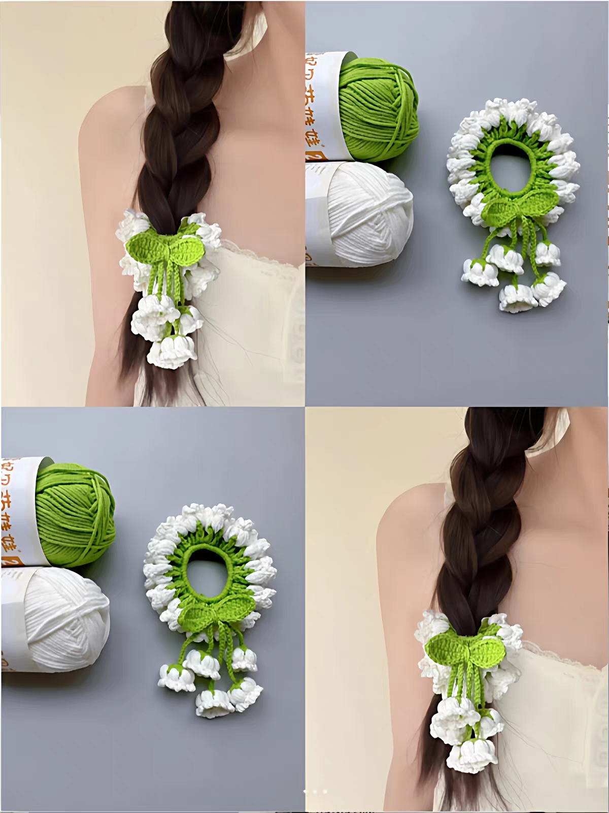 Handmade Lily of the Valley Crochet Hair Scrunchie - Soft Yarn Floral Hair Tie - Image 5