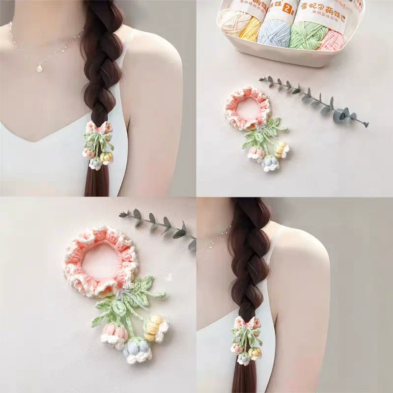 Handmade Lily of the Valley Crochet Hair Scrunchie - Soft Yarn Floral Hair Tie - Image 6