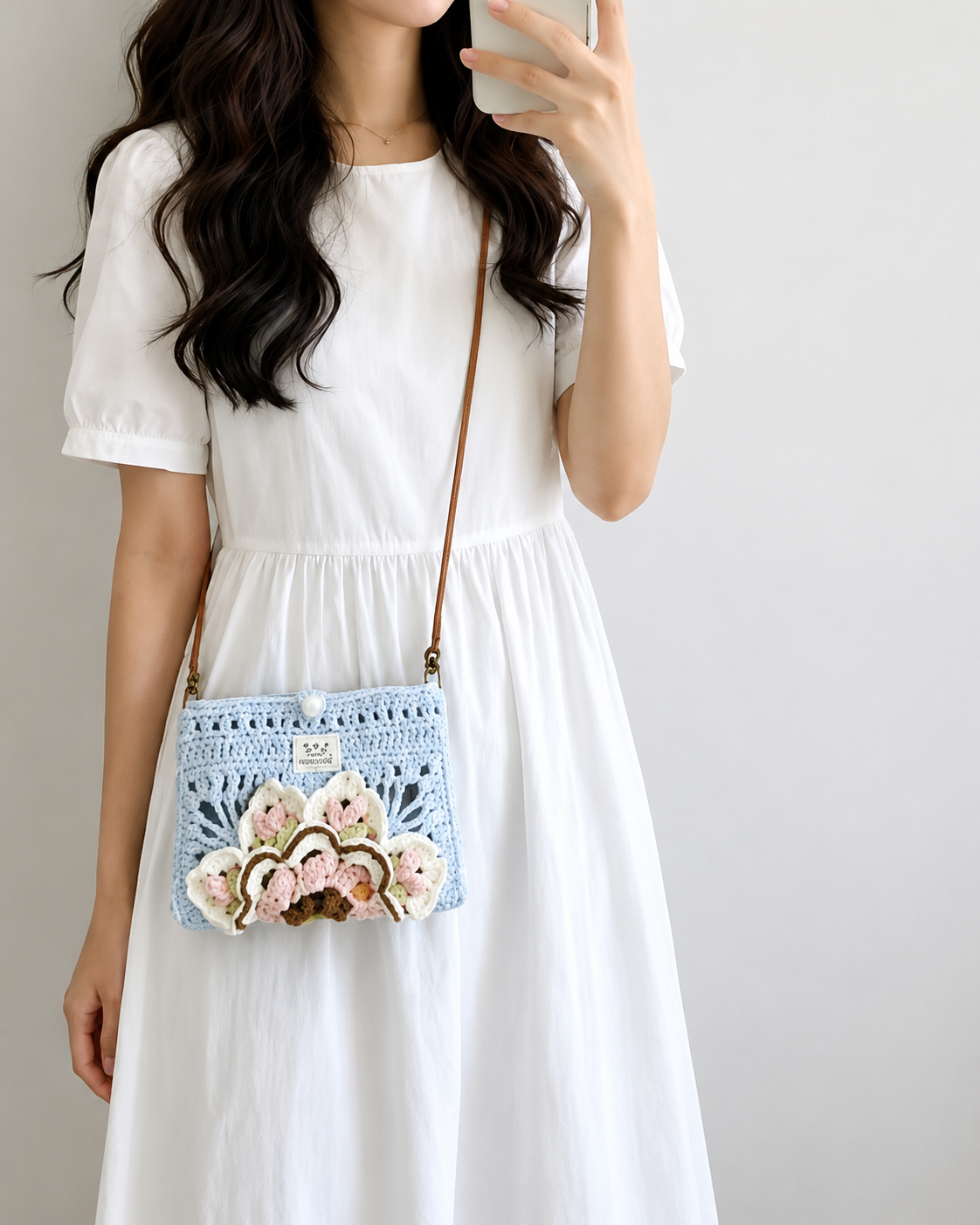 Handmade Floral Crochet Crossbody Bag - Soft Knit Shoulder Bag - Image 6