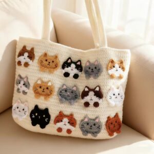 Cream Flower Handmade Knit Bag - 5-Ply Cotton Crochet Purse