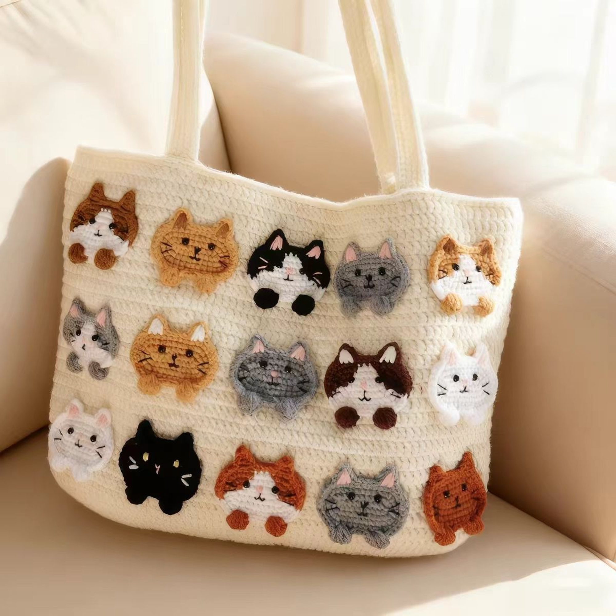 Cream Flower Handmade Knit Bag - 5-Ply Cotton Crochet Purse