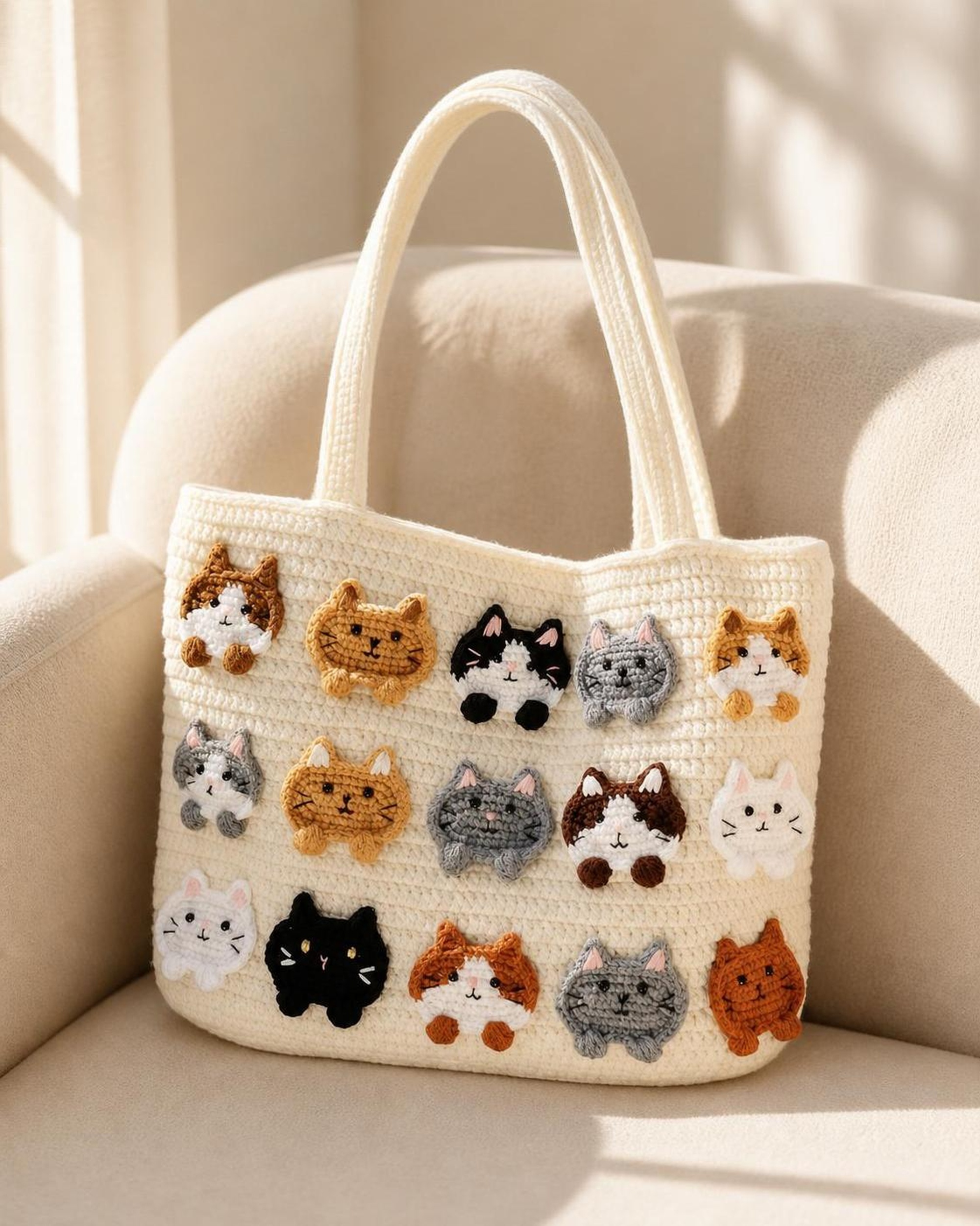 Cream Flower Handmade Knit Bag - 5-Ply Cotton Crochet Purse - Image 9