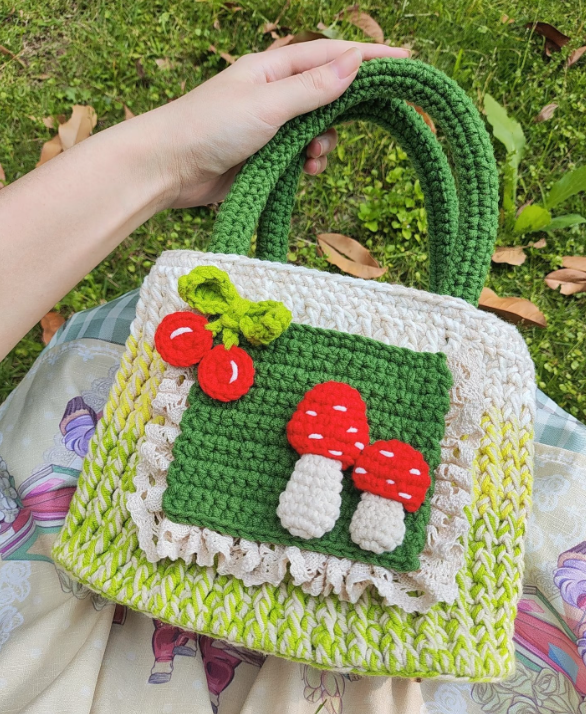 Green Mushroom Knit Tote Bag - Handmade Crochet Everyday Bag - Image 7