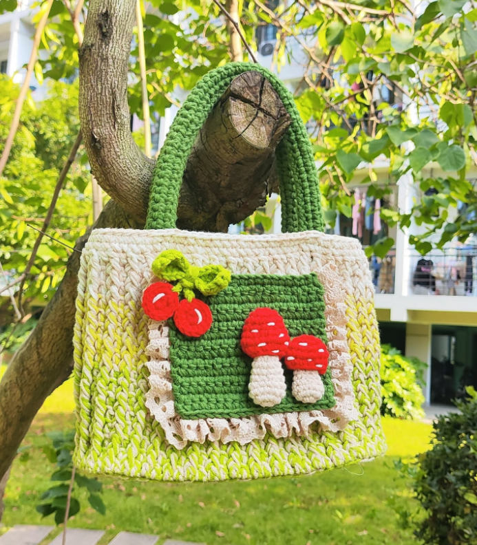 Green Mushroom Knit Tote Bag - Handmade Crochet Everyday Bag - Image 6