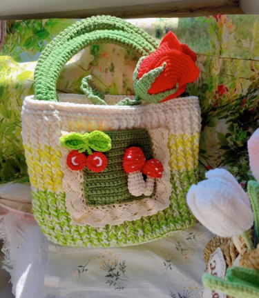 Green Mushroom Knit Tote Bag - Handmade Crochet Everyday Bag - Image 5