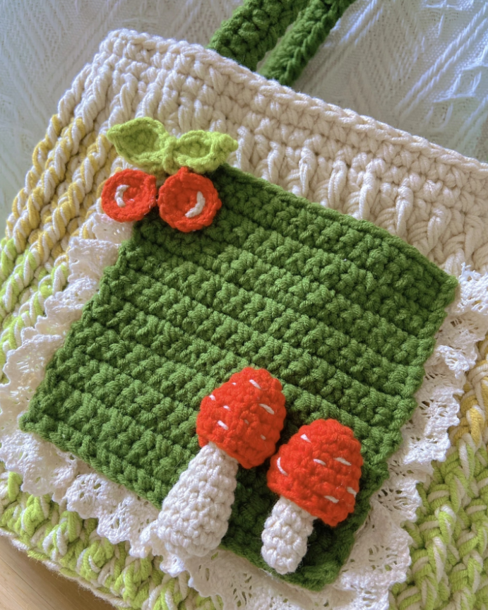 Green Mushroom Knit Tote Bag - Handmade Crochet Everyday Bag - Image 3