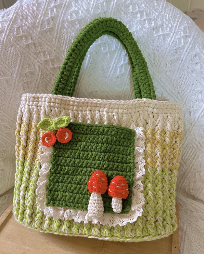 Green Mushroom Knit Tote Bag - Handmade Crochet Everyday Bag - Image 2