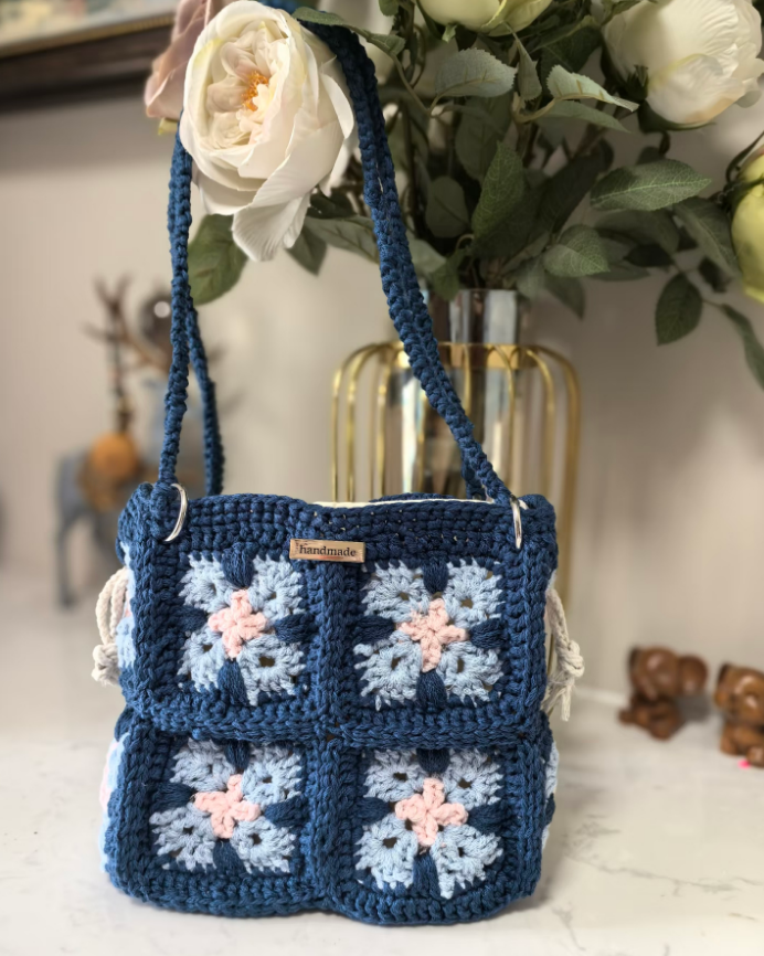 Handmade Navy Blue Floral Crochet Tote Bag - Everyday Knit Shoulder Bag - Image 3