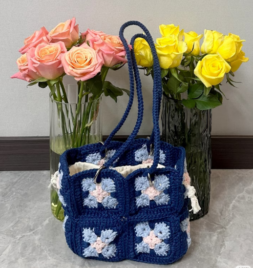 Handmade Navy Blue Floral Crochet Tote Bag - Everyday Knit Shoulder Bag - Image 4