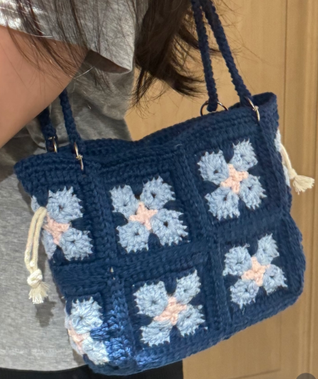 Handmade Navy Blue Floral Crochet Tote Bag - Everyday Knit Shoulder Bag - Image 5