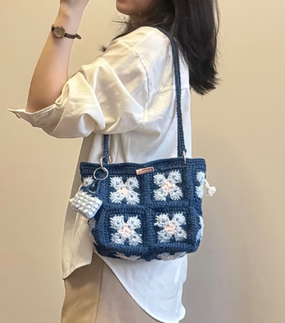 Handmade Navy Blue Floral Crochet Tote Bag - Everyday Knit Shoulder Bag - Image 6