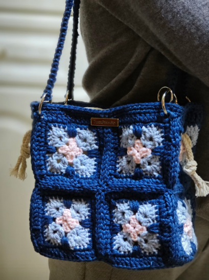 Handmade Navy Blue Floral Crochet Tote Bag - Everyday Knit Shoulder Bag - Image 7