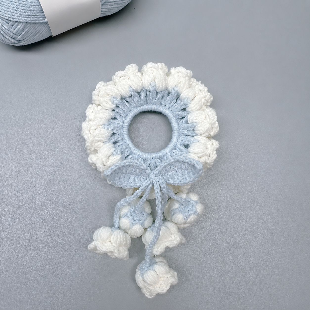 Blue lily of the valley crochet hair scrunchie handmade with soft yarn