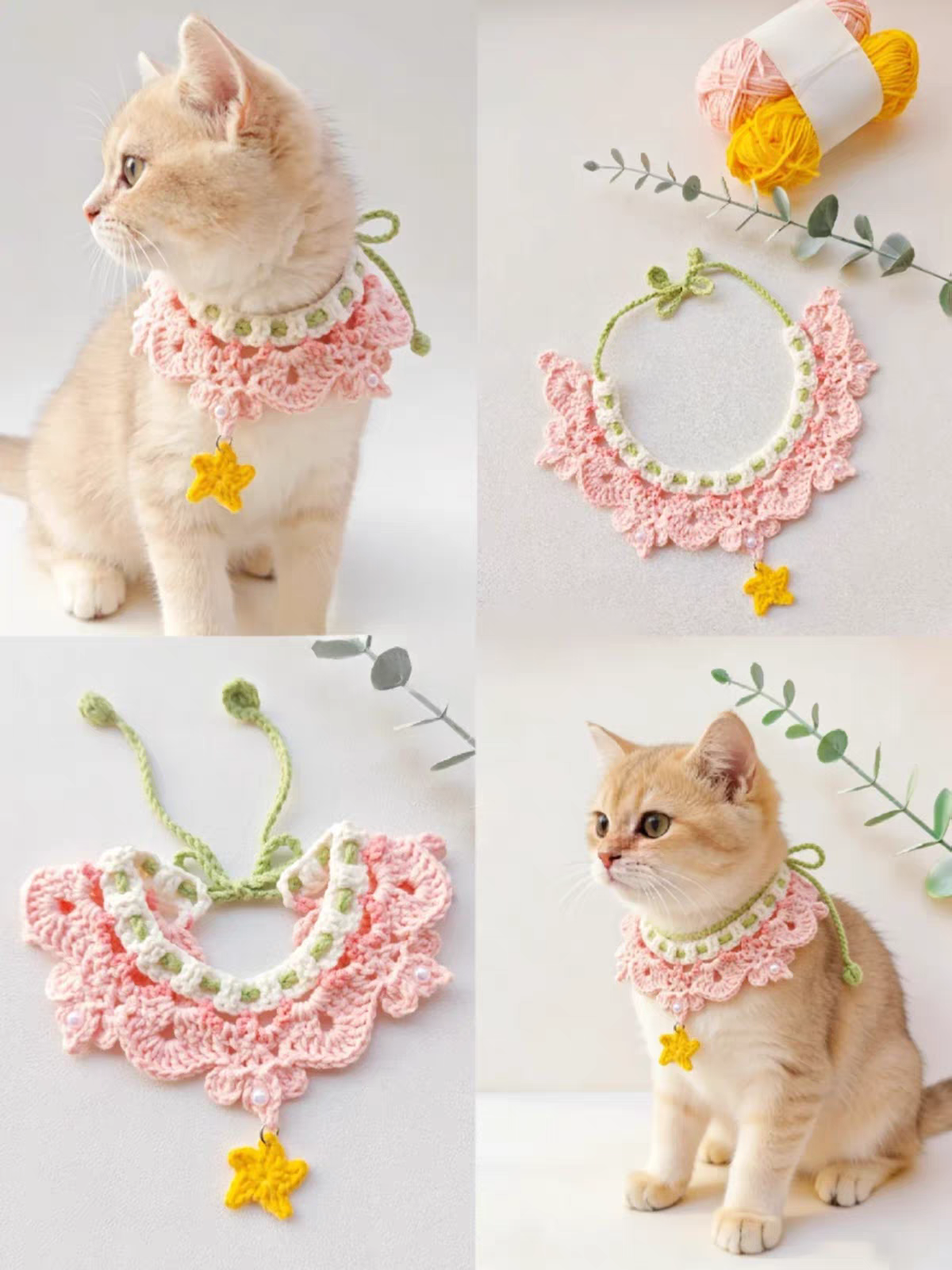 Close-up of a soft yarn crochet cat collar scarf detail