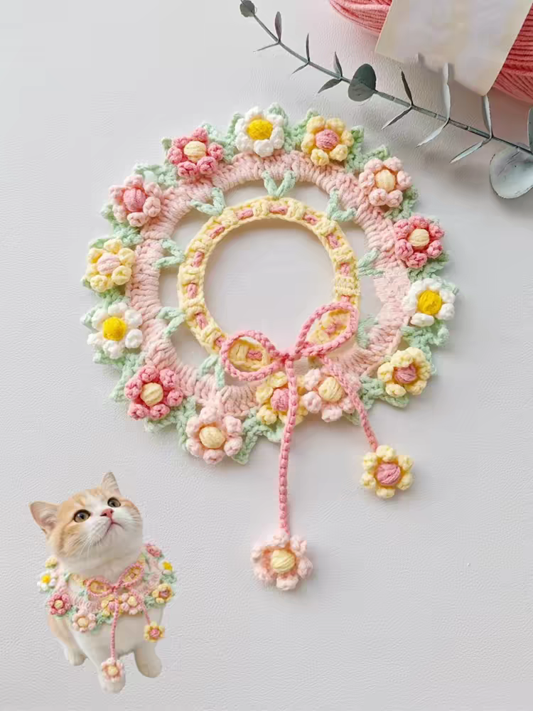 Handmade Crochet Cat Flower Collar Scarf - Soft Yarn Pet Neckwear - Image 2