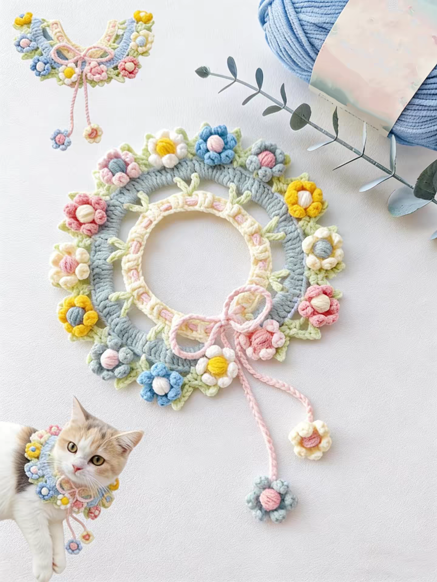 Handmade Crochet Cat Flower Collar Scarf - Soft Yarn Pet Neckwear - Image 3