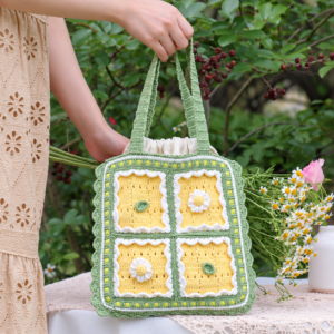 Handmade Crochet Floral Grid Tote Bag