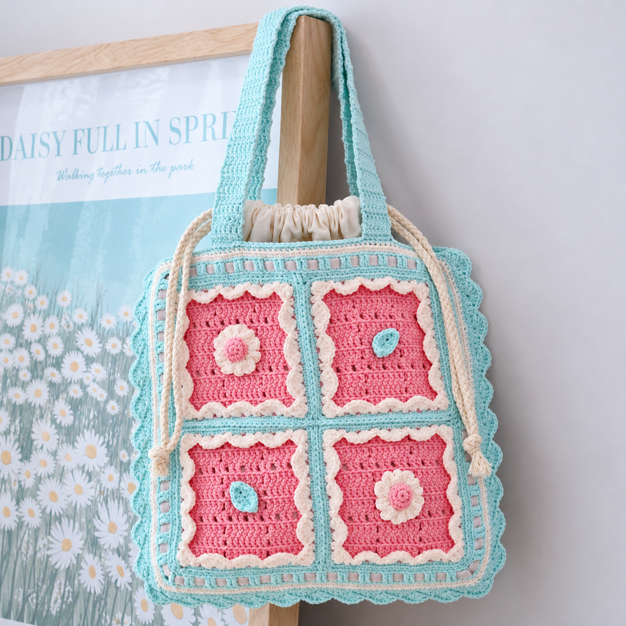 Handmade Crochet Floral Grid Tote Bag - Image 2
