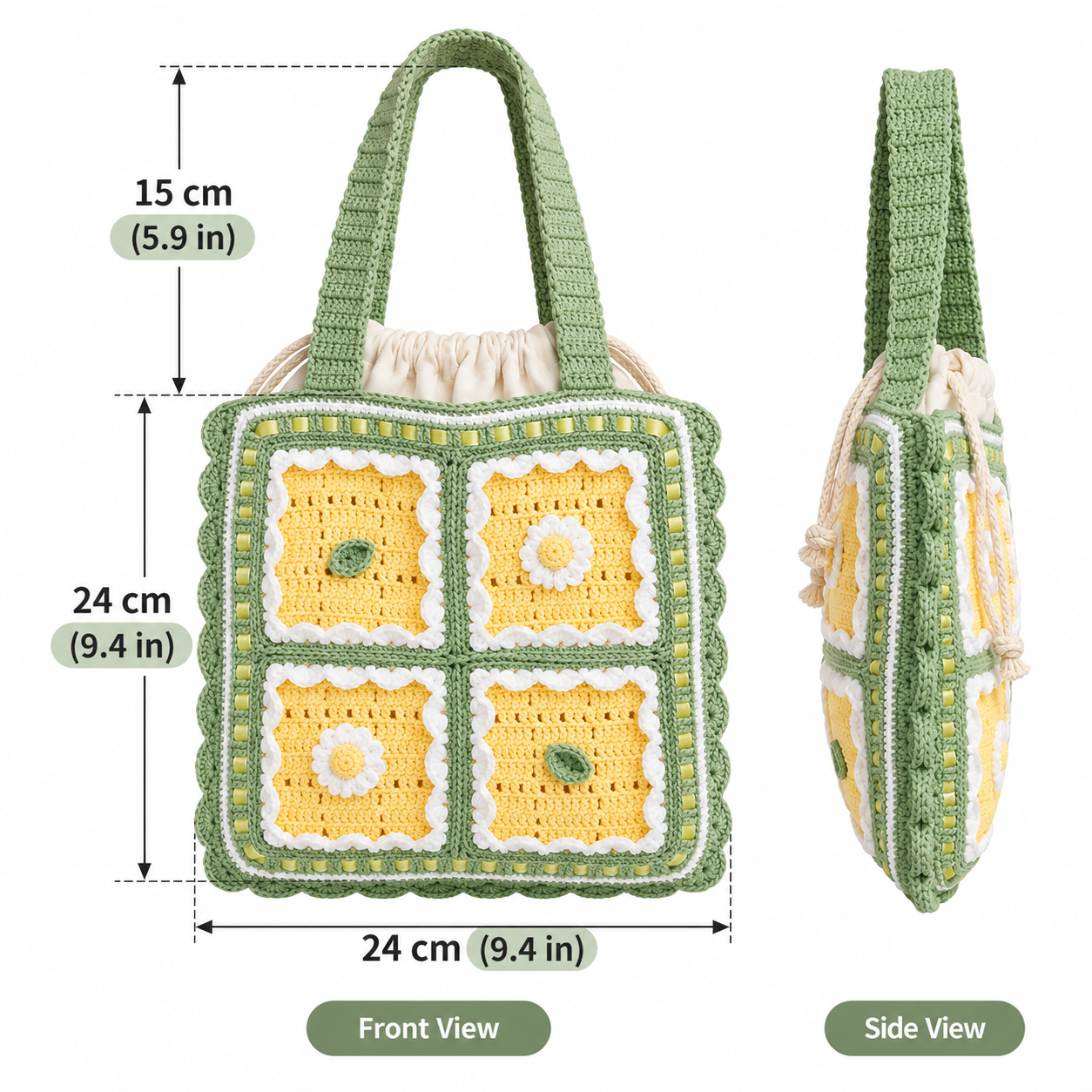 Handmade Crochet Floral Grid Tote Bag - Image 4