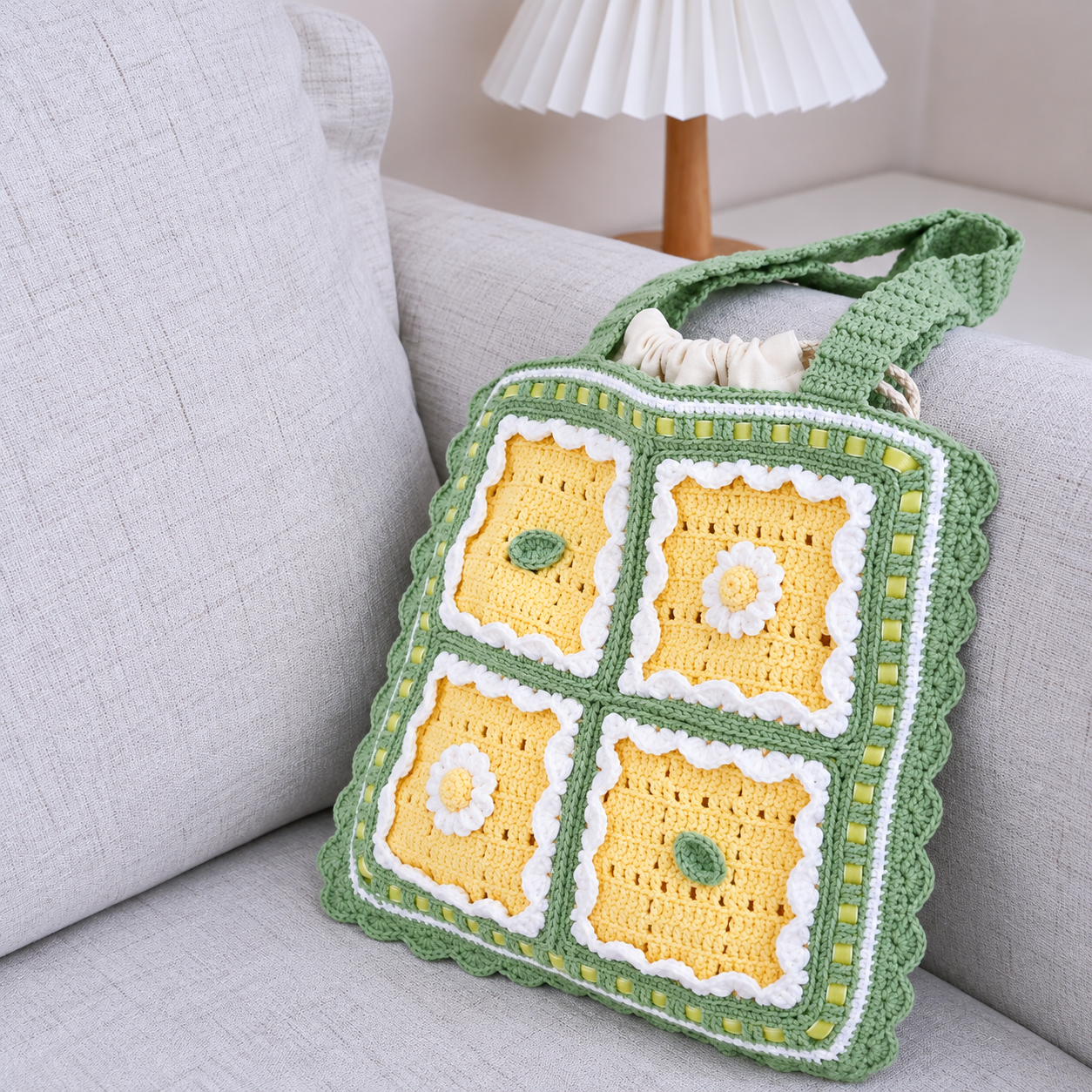 Handmade Crochet Floral Grid Tote Bag - Image 3