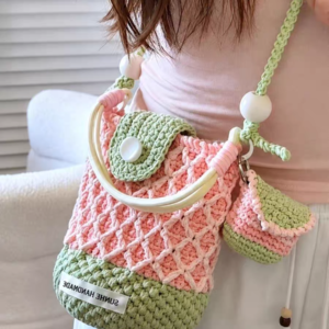 Handmade Crochet Bucket Bag with Mini Pouch