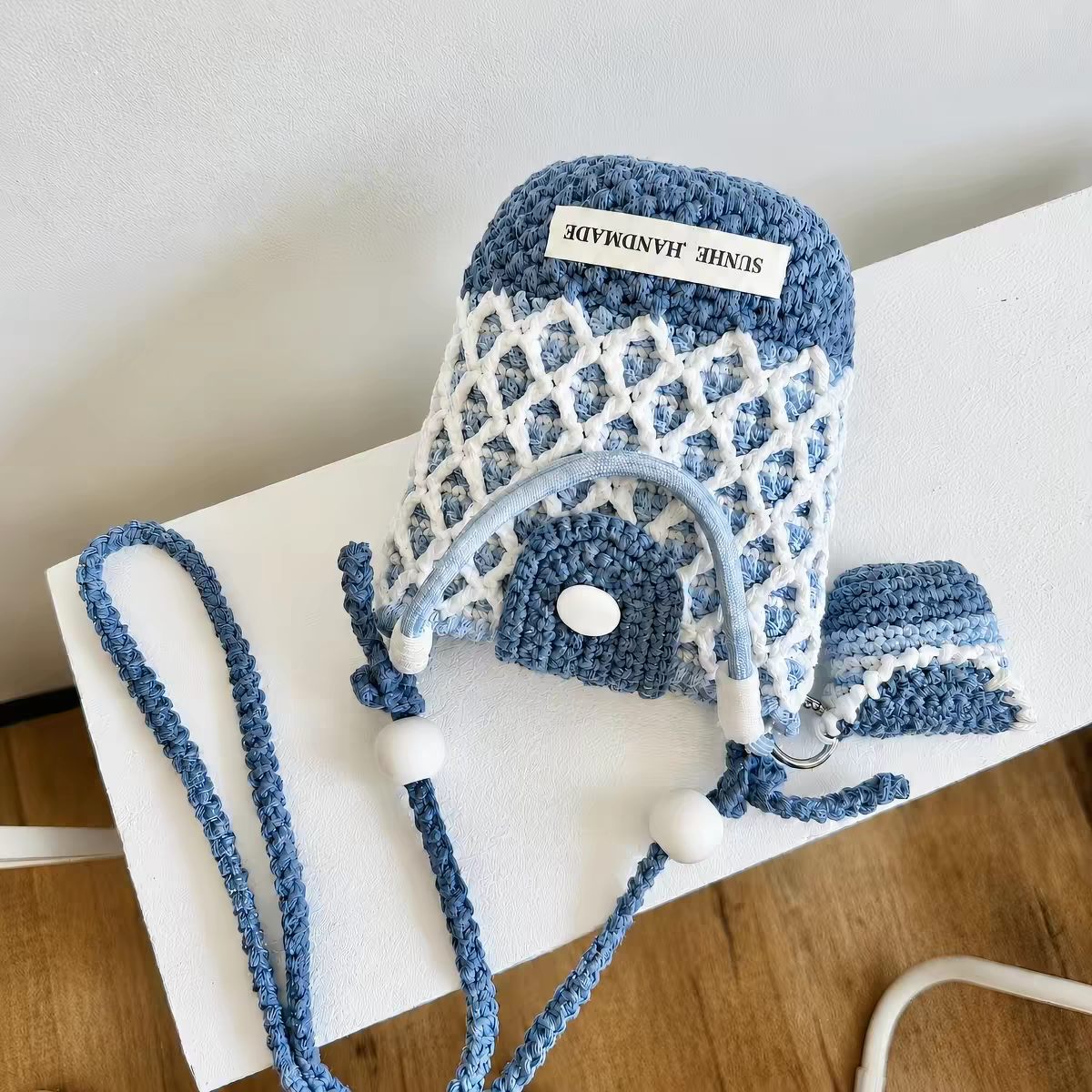 Handmade Crochet Bucket Bag with Mini Pouch - Image 2