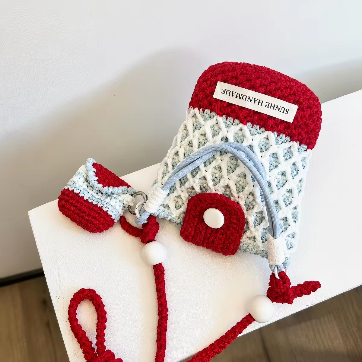 Handmade Crochet Bucket Bag with Mini Pouch - Image 3